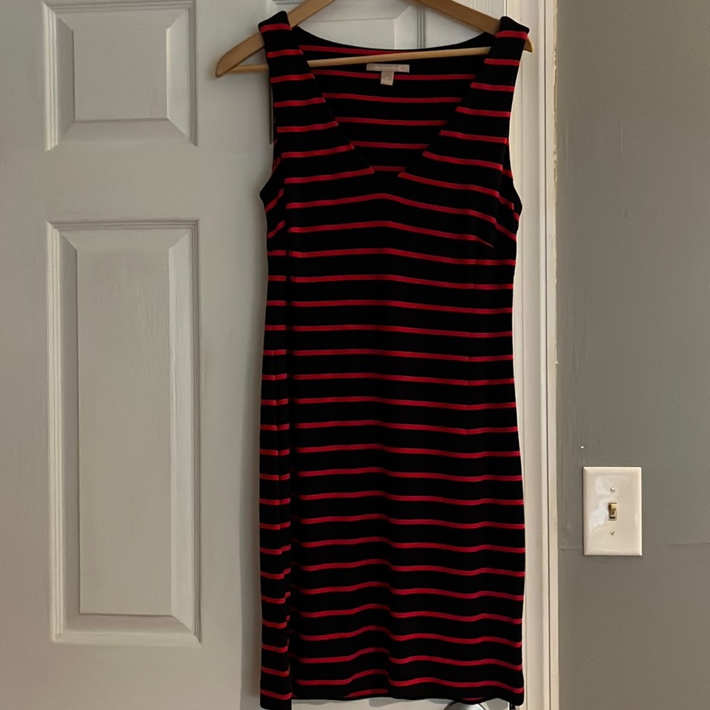 Orange and blue striped dress from Banana Republic.